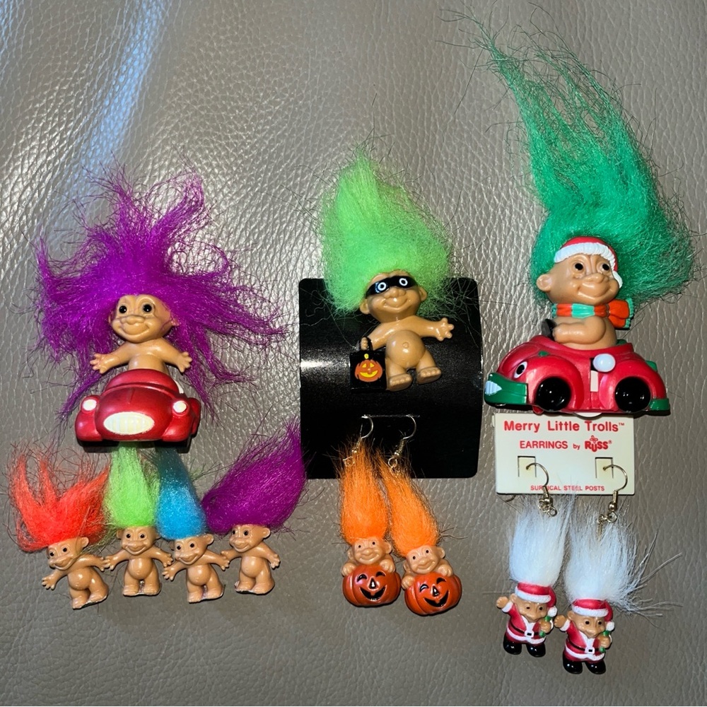 9 piece RUSS Mini Tiny Lucky Troll Dolls, Earrings, Pin, Wind Up Car Accessories